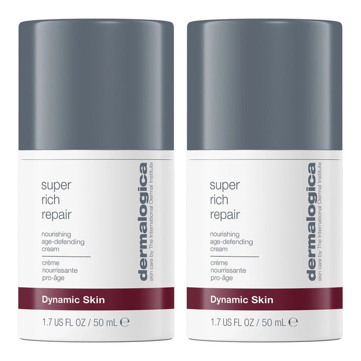 Dermalogica Super Rich Repair 50 ml nærende ansiktskrem i to hvite pumpeflasker med grå korker og burgunder detaljer