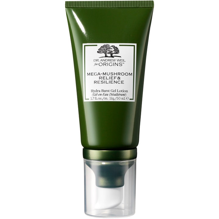Origins Mega-Mushroom Relief & Resilience 50 ml beroligende ansiktskrem i mørkegrønn tube med pumpe