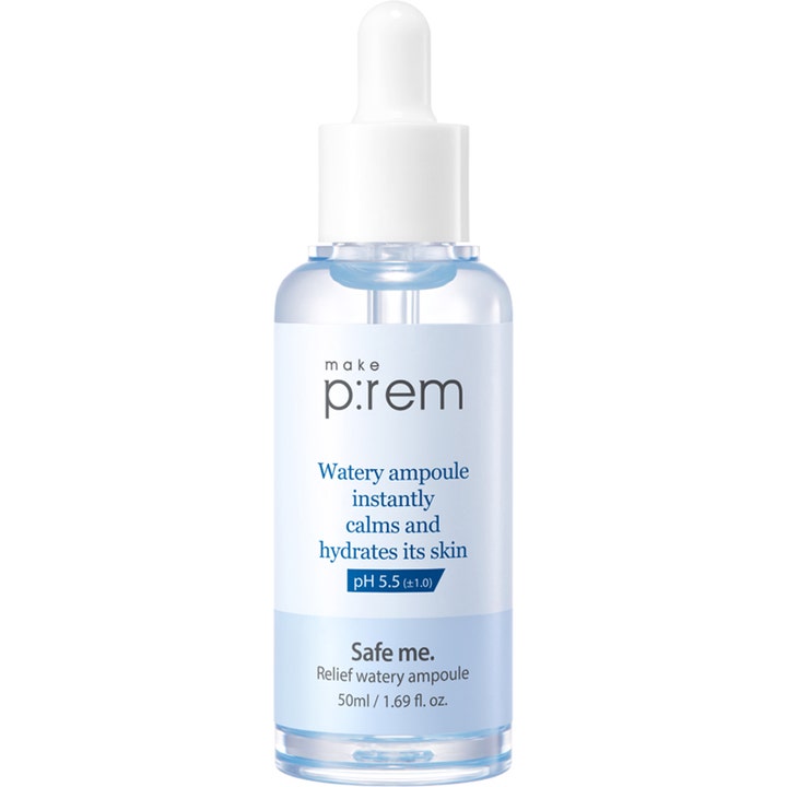 Make P:rem Safe Me Relief Watery Ampoule 50 ml beroligende serum i glassflaske med hvit pipette.
