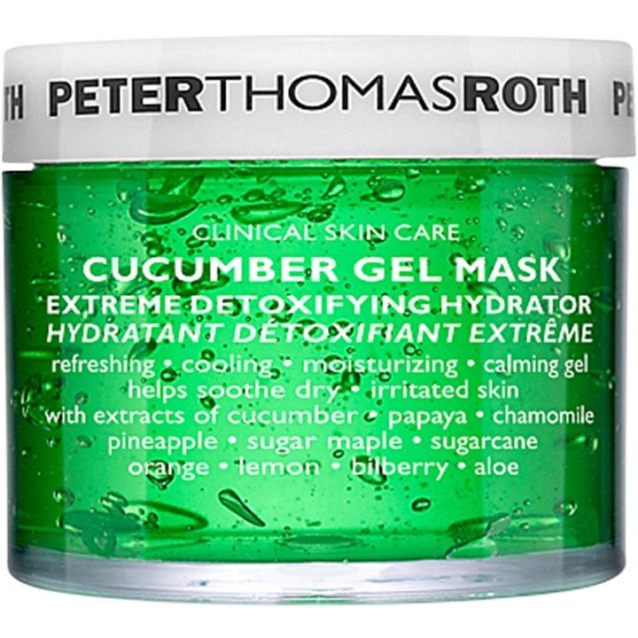Peter Thomas Roth Cucumber Gel Mask beroligende ansiktsmaske i klar krukke fylt med frisk grønn gelé og små bobler