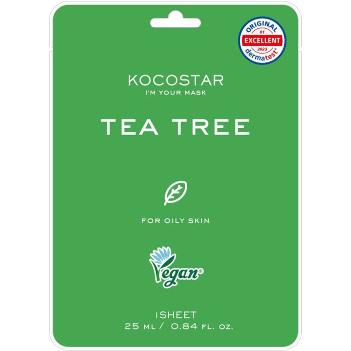 Kocostar Tea Tree Mask 25 ml beroligende ansiktsmaske for fet hud i en grønn vegansk engangspakke