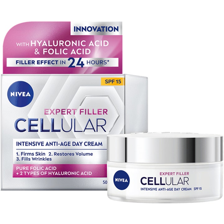 NIVEA Cellular Expert Filler 50 ml anti-age dagkrem med SPF 15 og hyaluronsyre i hvit krukke med sølvlokk