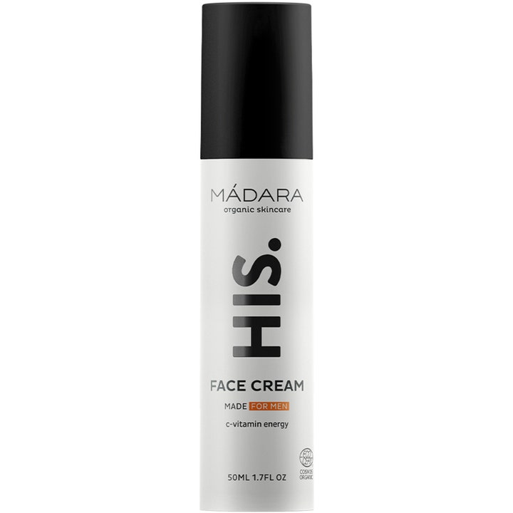 Mádara HIS. Face Cream 50 ml energigivende ansiktskrem med C-vitamin i hvit sylindrisk flaske med sort lokk