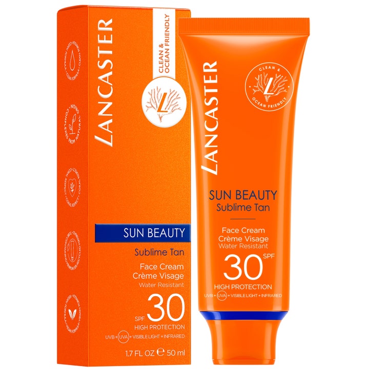 Lancaster Sun Beauty Face Cream 50 ml vannresistent SPF30 solkrem i oransje tube og eske med hvit tekst