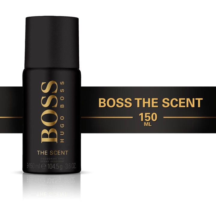 Hugo Boss Boss The Scent Deospray 150 ml er en herredeo i matt svart sprayflaske med elegant gullfarget tekst.
