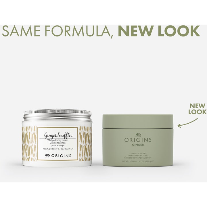 Origins Ginger Souffle Whipped Body Cream 200 ml fuktighetsgivende kroppskrem viser gammelt og nytt grønt design