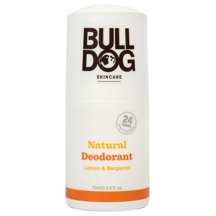Bulldog Natural Deodorant Lemon & Bergamot 75ml beskyttende deodorant i hvit plasthylse med oransje tekst.