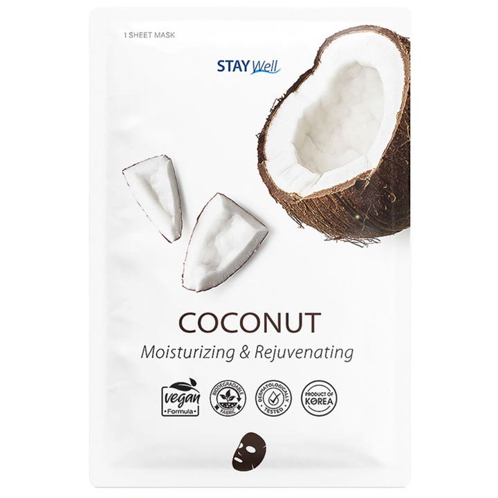 Stay Well Coconut 1 stk fuktighetsgivende sheetmaske i hvit forpakning med bilde av en delt kokosnøtt.