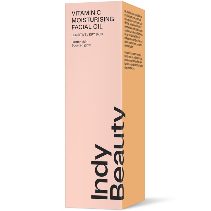 Indy Beauty Vitamin C Moisturising Facial Oil 30 ml ansiktsolje gir glød i ferskenfarget eske