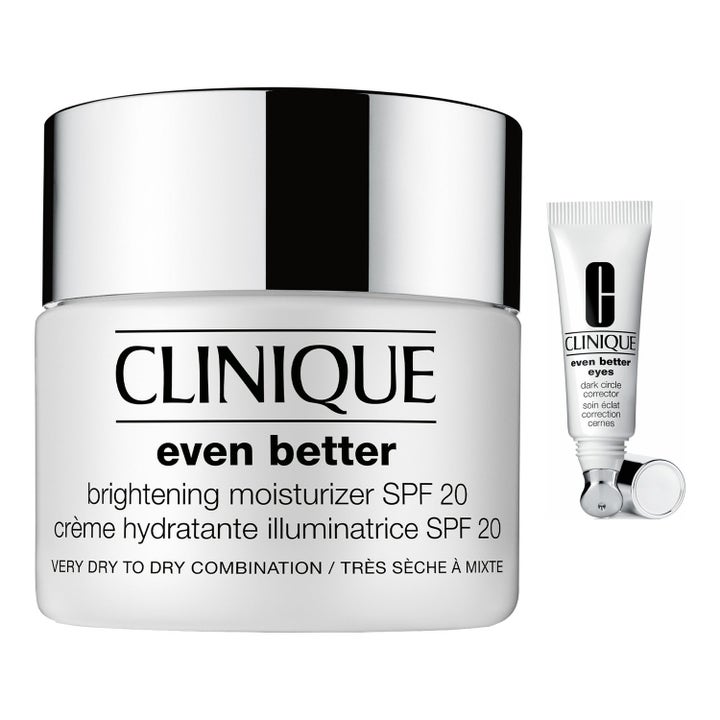 Clinique Even Better Brightening Moisturizer SPF 20 og Even Better Eyes gir glød i hvit krukke og tube med metalltupp