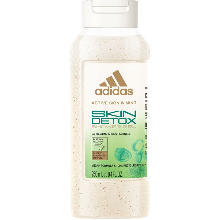 Adidas Active Skin & Mind Skin Detox 250 ml eksfolierende dusjgelé i gjennomsiktig flaske med synlige aprikoskjerner