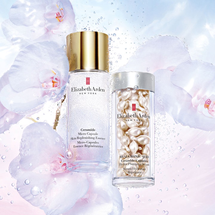 Elizabeth Arden Ceramide Micro Capsule Essence 90 ml gjenoppbyggende ansiktspleie blant hvite orkideer og vannbobler