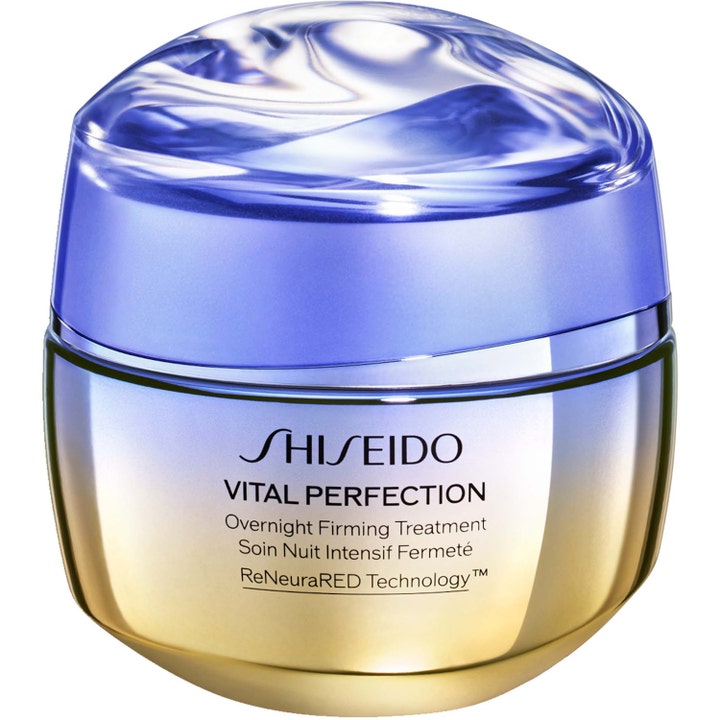 Shiseido Vital Perfection Overnight Firming Treatment oppstrammende nattkrem i gull og lilla glasskrukke