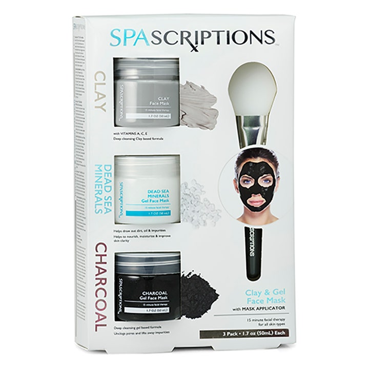 Spascriptions Clay & Gel Face Mask 3 x 50 ml rensende ansiktsmasker med leire og kull i hvit eske med silikonbørste
