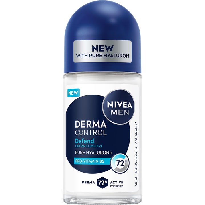 Nivea Men Derma Control Defend 50 ml roll-on mot svette gir pleie i en gjennomsiktig glassflaske med blå kork
