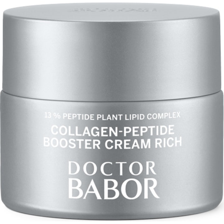 Doctor Babor Collagen-Peptide Booster Cream Rich oppstrammende ansiktskrem i en stilren sølvfarget krukke.