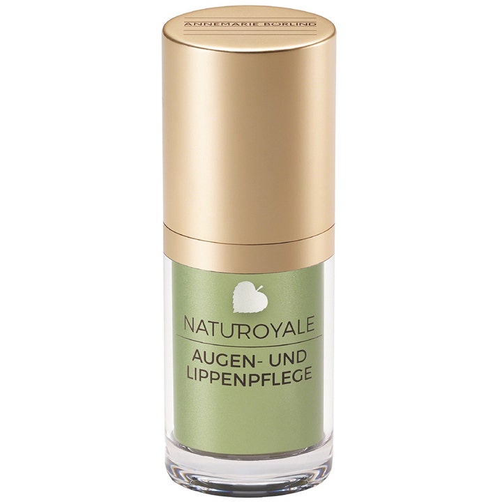 Annemarie Börlind Naturoyale øye- og leppepleie 15 ml i en grønn sylindrisk flaske med gullfarget kork.