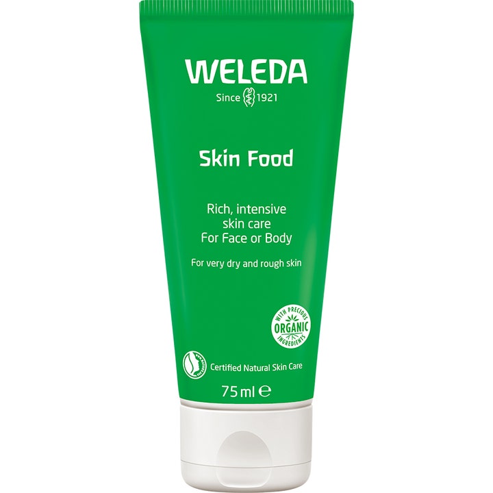 Weleda Skin Food 75 ml intensiv fuktighetskrem som gir næring til tørr hud i grønn tube med hvit kork