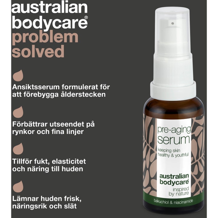 Australian Bodycare Pre-anti Age Serum 30 ml forebygger rynker i en brun glassflaske med hvit pumpe.