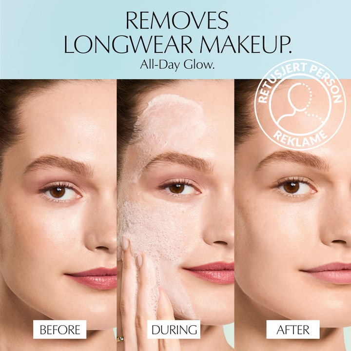 Estée Lauder Daywear Glow Boost Jelly Cleanser 50 ml ansiktsrens viser før og etter fjerning av sminke for glødende hud.