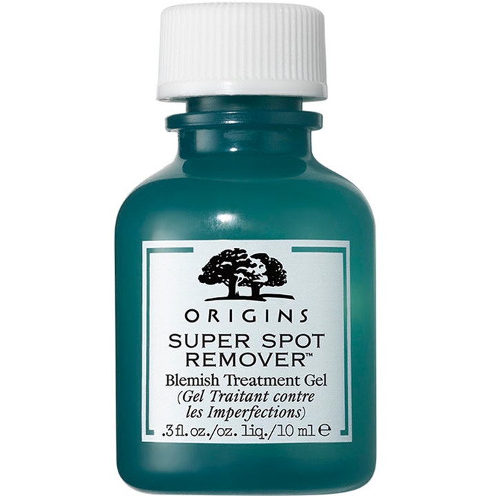 Origins Super Spot Remover 10 ml behandlingsgel mot urenheter i en liten mørkegrønn flaske med hvit etikett og lokk.