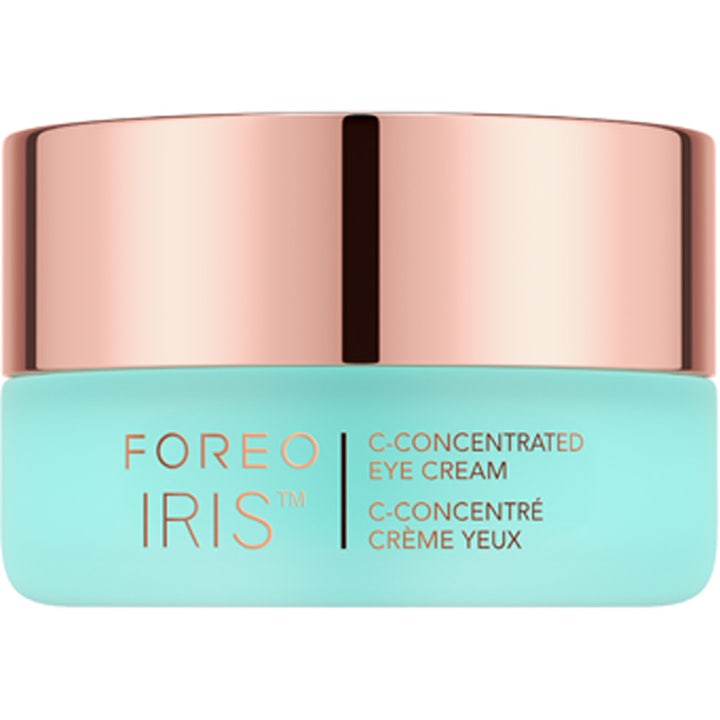 Foreo Iris C-Concentrated Eye Cream 15 ml lysnende øyekrem i turkis krukke med et elegant rosegullfarget lokk