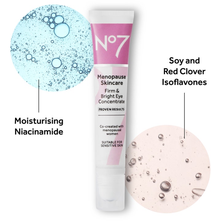 No7 Menopause Skincare Firm & Bright Eye Concentrate 15 ml øyekrem i tube med niacinamid for fukt og glød.