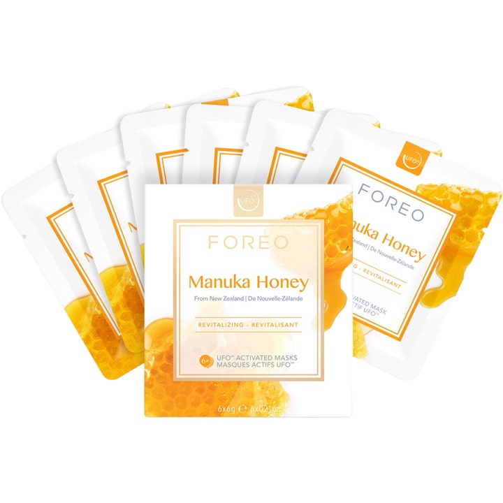 FOREO UFO Mask Manuka Honey 36g revitaliserende sheet mask i seks hvite poser med gyllent honningmotiv