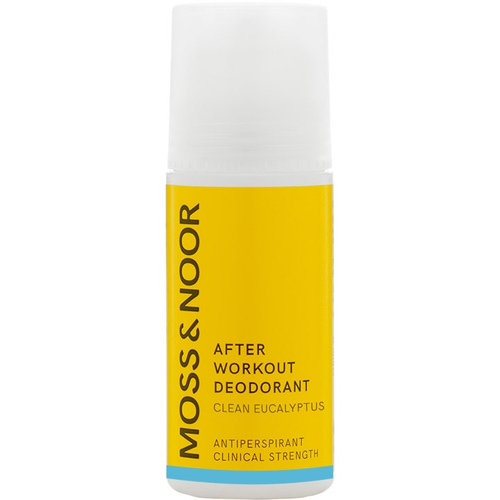 Moss & Noor After Workout Deodorant Clean Eucalyptus 60 ml antiperspirant i hvit roll-on med gul etikett.