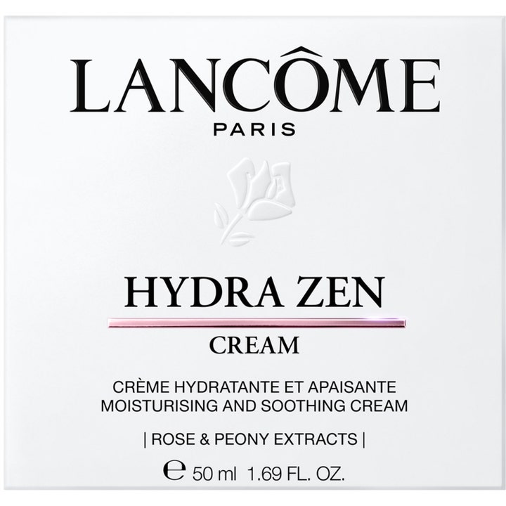Lancôme Hydra Zen 50 ml fuktighetsgivende og beroligende dagkrem i hvit eske med roseekstrakt.