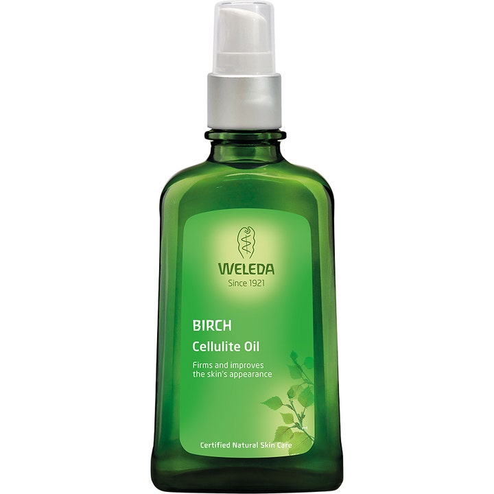 Weleda Birch Cellulite Oil 100 ml oppstrammende kroppsolje i grønn glassflaske med sølvfarget pumpe