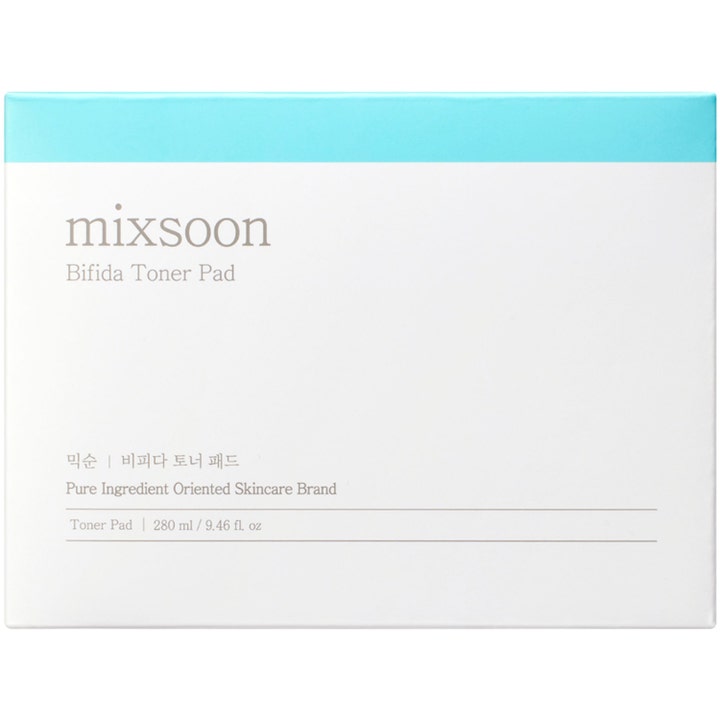 Mixsoon Bifida Toner Pad 120 stk styrkende tonerpads i hvit eske med lyseblått bånd øverst.