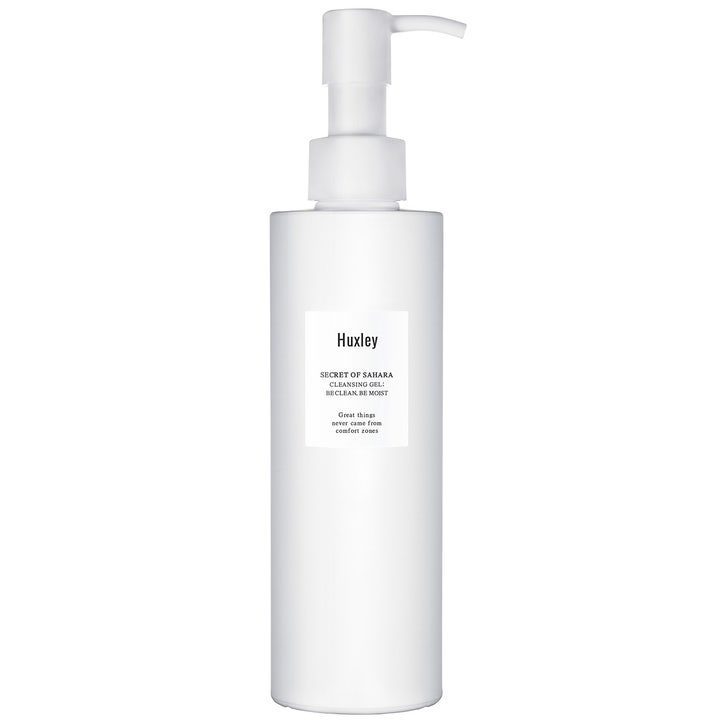 Huxley Secret of Sahara Cleansing Gel 200 ml fuktgivende ansiktsrens i en hvit sylinderflaske med pumpe