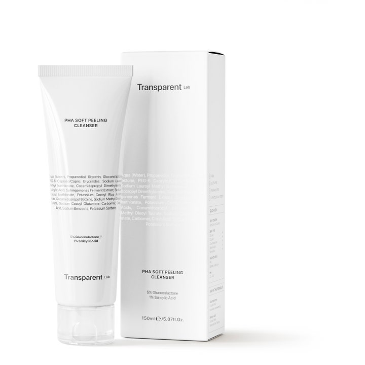 Transparent Lab pHa Soft Peeling Cleanser 150 ml eksfolierende ansiktsrens i hvit tube og eske
