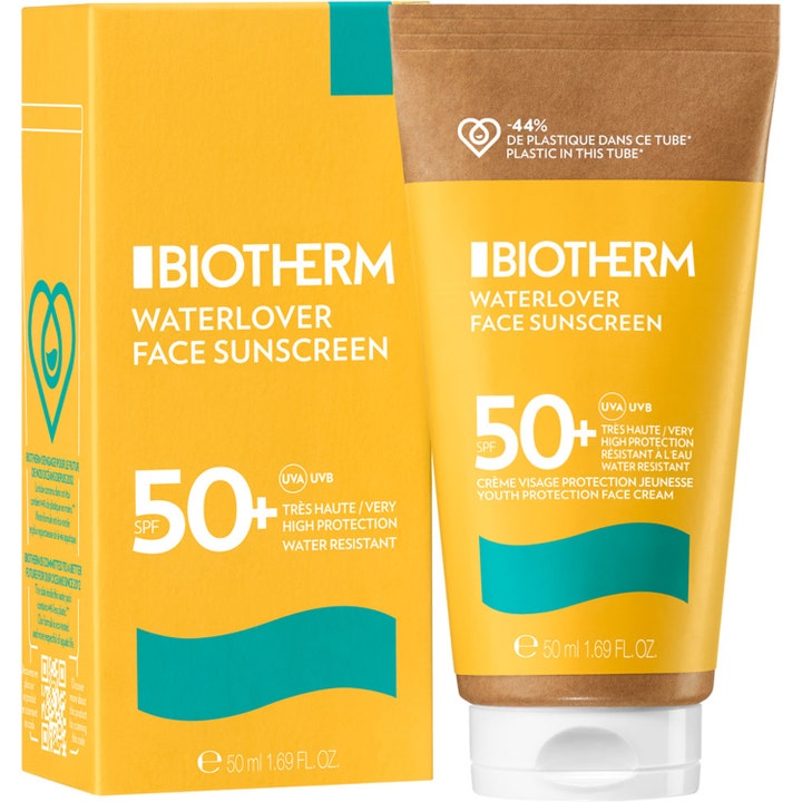 Biotherm Waterlover Face Sunscreen 50 ml anti-age solkrem i gul tube og eske med SPF 50+ og blå bølge