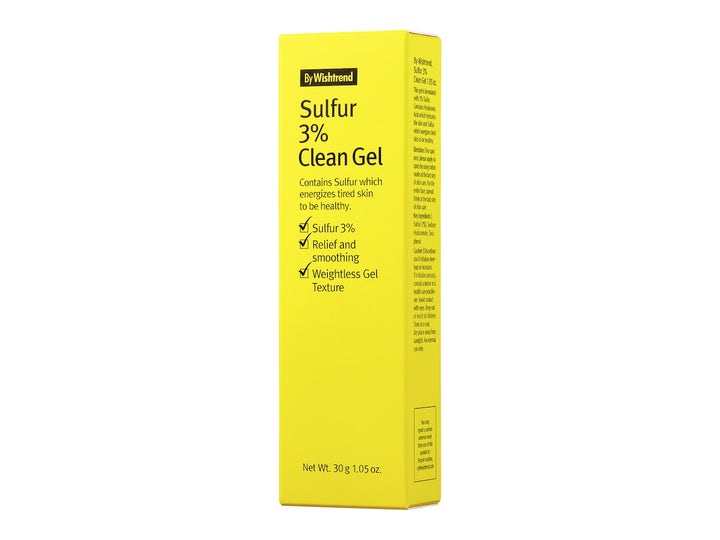 By Wishtrend Sulfur 3% Clean Gel 30 ml beroligende ansiktsserum i en gul eske som gir huden en jevnere tekstur