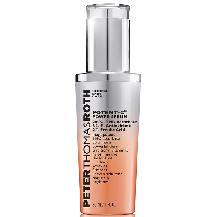Peter Thomas Roth Potent-C Power Serum 30 ml oppstrammende serum med vitamin C i hvit og oransje flaske med sølvpumpe