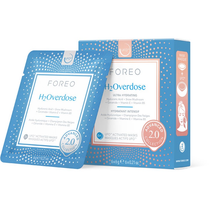 Foreo H2Overdose 6x6g fuktighetsgivende ansiktsmaske i blå eske med hyaluronsyre som gir dyp hydrering