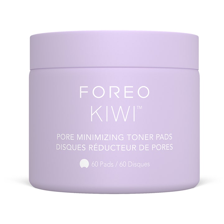 Foreo Kiwi Pore Minimizing Toner Pads 60 stk poreforminskende ansiktstoner i en lys lilla krukke med hvit skrift