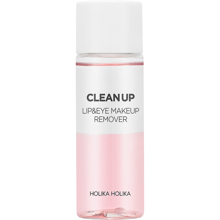 Holika Holika Clean Up Lip & Eye Makeup Remover fjerner sminke effektivt med tofaset rosa væske i klar flaske.