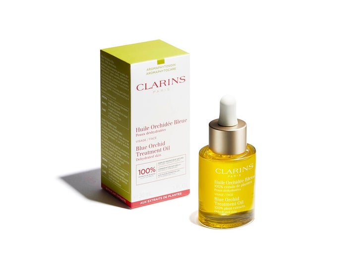 Clarins Blue Orchid Face Treatment Oil 30 ml fuktighetsgivende ansiktsolje i glassflaske med hvit eske
