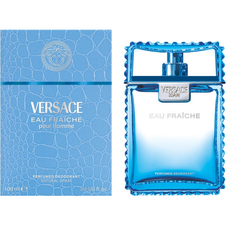 Versace Eau Fraiche 100 ml deospray herredeodorant i lyseblå glassflaske med takkete kanter og mønstret eske.