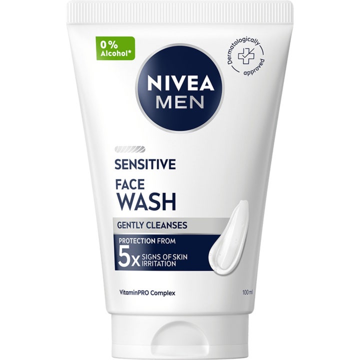 Nivea Men Sensitive Face Wash 100 ml ansiktsvask for sensitiv hud i hvit tube med blå logo og klart panel.