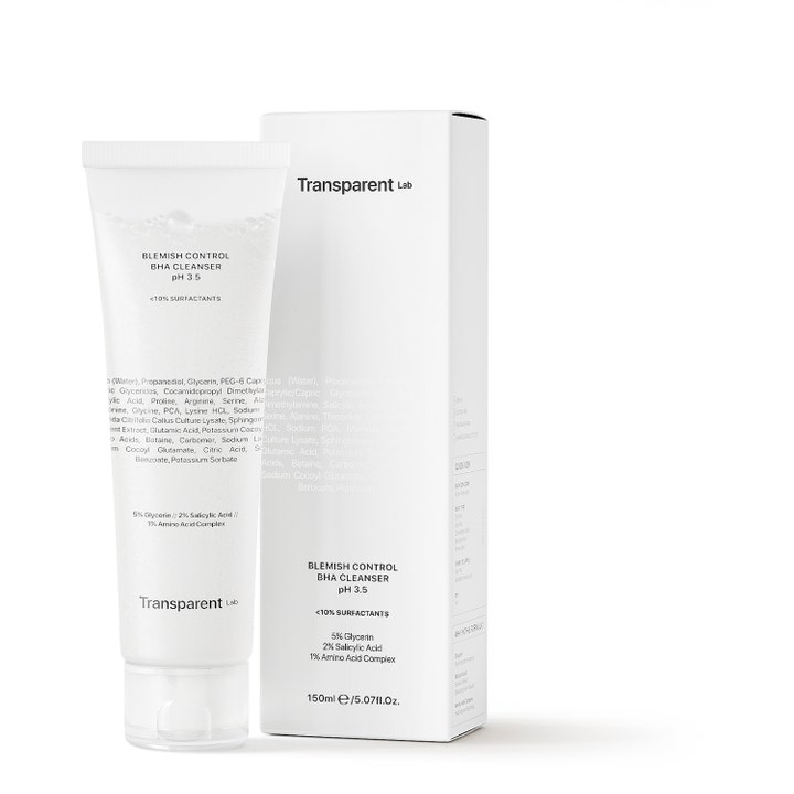 Niche Beauty Lab Transparent Lab Blemish Control BHA Cleanser 150 ml ansiktsrens i hvit tube og eske mot urenheter