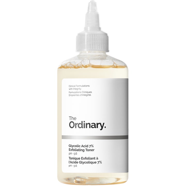 The Ordinary Glycolic Acid 7% Exfoliating Toner 240ml eksfolierende ansiktsvann i klar flaske med hvit spisskork