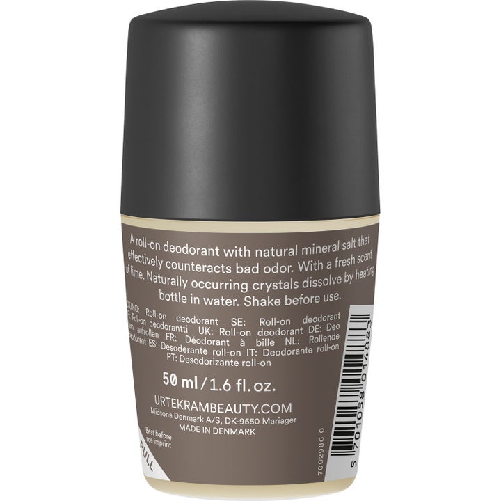 Urtekram Crystal Deo Lime 50 ml deodorant motvirker dårlig lukt vist fra baksiden med svart kork og produktinformasjon
