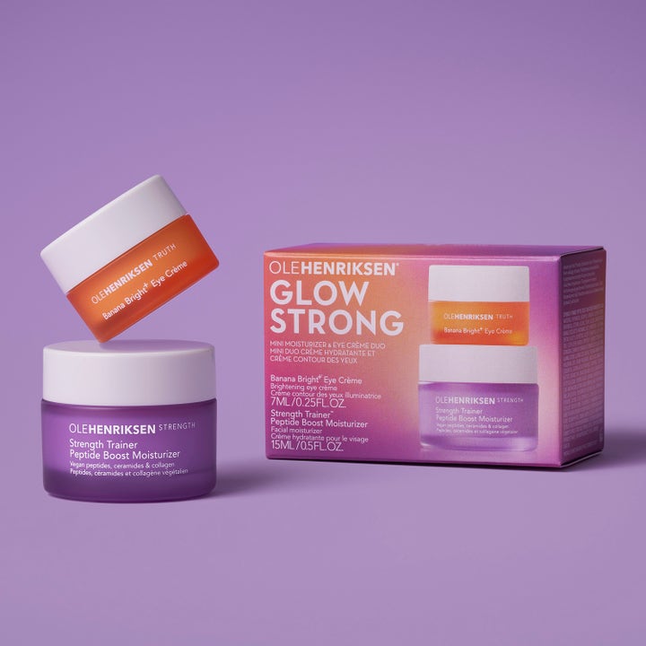 Ole Henriksen Glow Strong gaveesett 22 ml fuktighetskrem og øyekrem i lilla og oransje krukker for glød og fukt