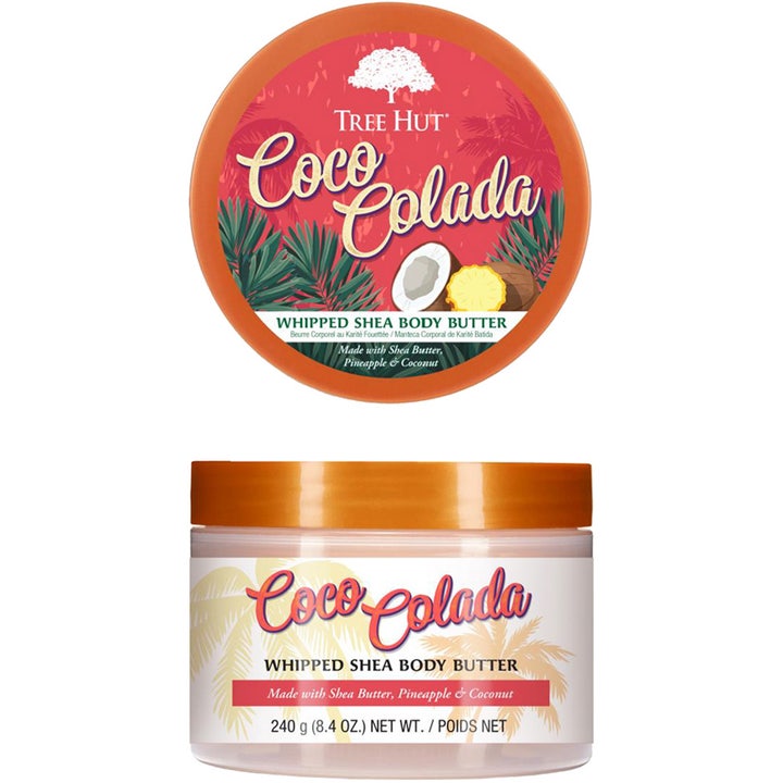 Tree Hut Coco Colada Whipped Shea Body Butter 240 g fuktighetsgivende kroppskrem i krukke med oransje lokk og palmer.