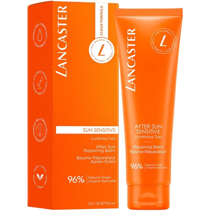 Lancaster Sun Sensitive After Sun Repair Balm 150 ml reparerende after sun i oransje tube og eske med vegansk logo