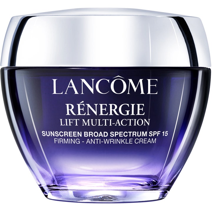 Lancôme Rénergie Lift Multi-Action oppstrammende dagkrem med SPF 15 i en lilla glasskrukke med sølvfarget lokk